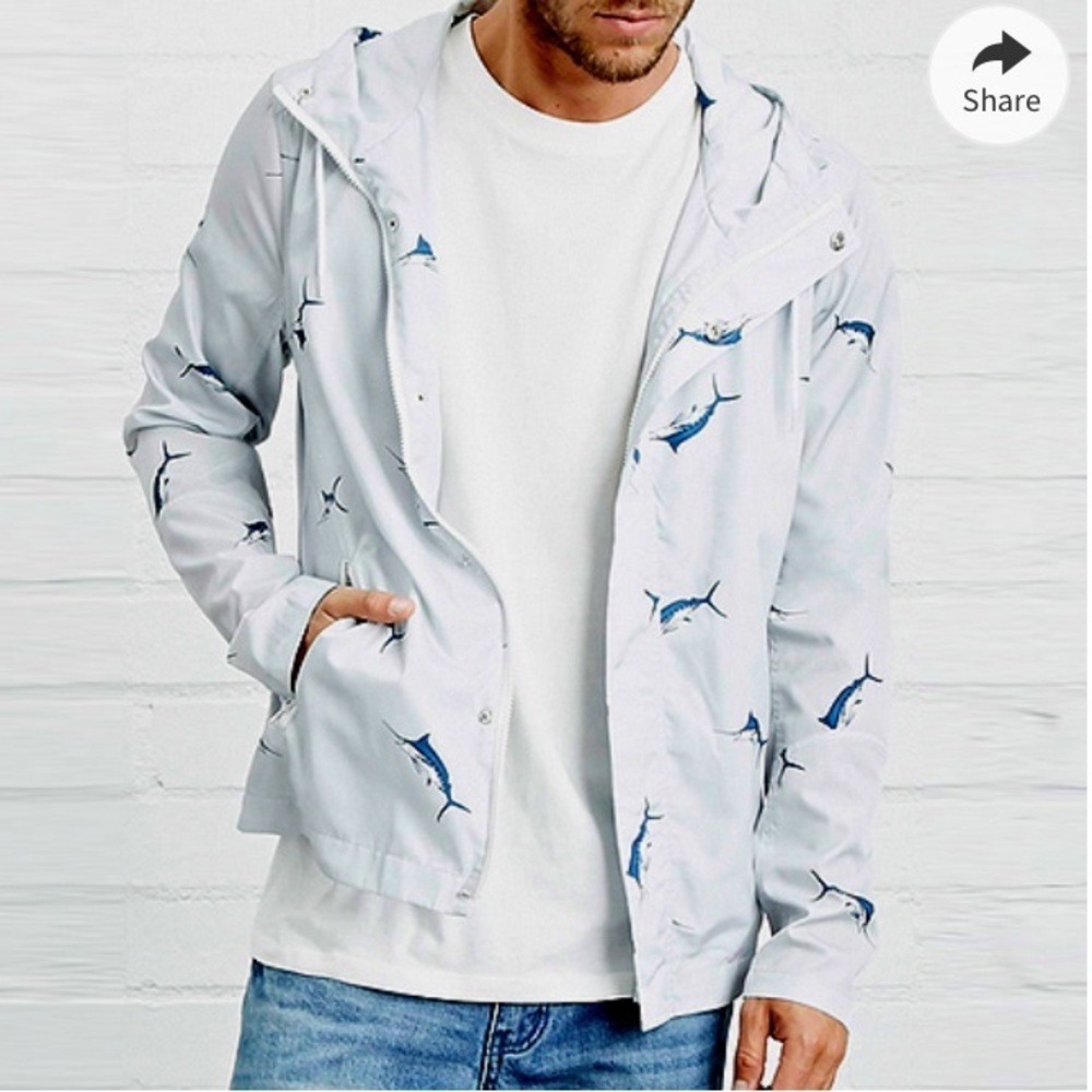 Men’s Forever 21 Silver Fish Patterned Raincoat size XL rain coat light weight‌